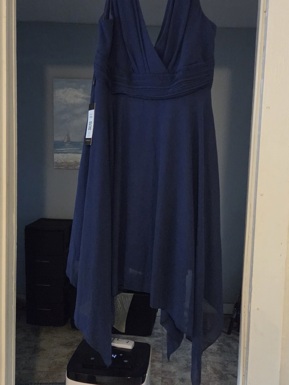 Navy Handkerchief Hem V-Neck Dress